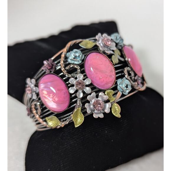 Cuff bracelet S/M pink cabochons Ename,l rhinestones see photos for measurements - Picture 5 of 13